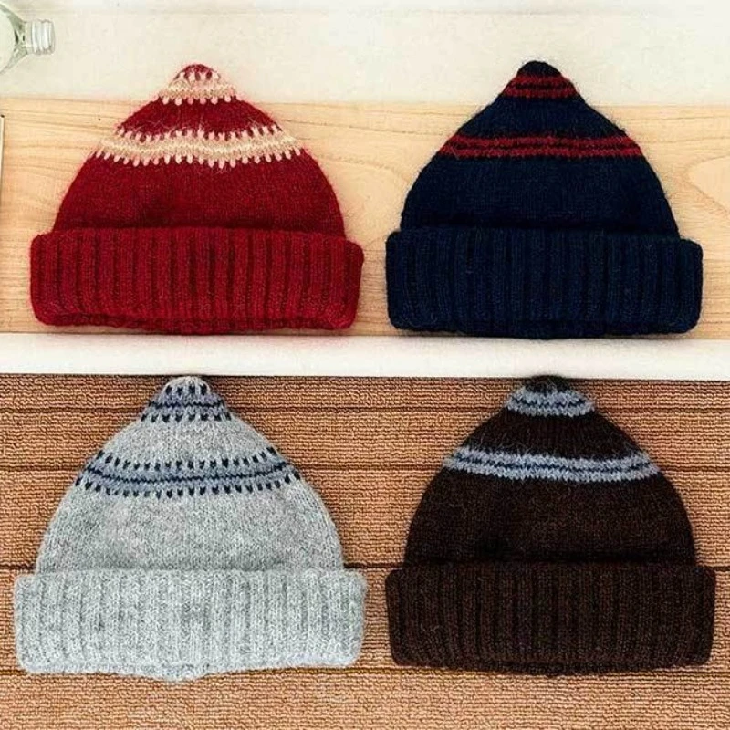 Fair Isle Jacquard-Strickmützen, Unisex, gestreifte, umgeschlagene Strickmütze, Vintage-Ethno-Muster, weiche, warme Wintermütze, lässige Mütze. – Detail 6