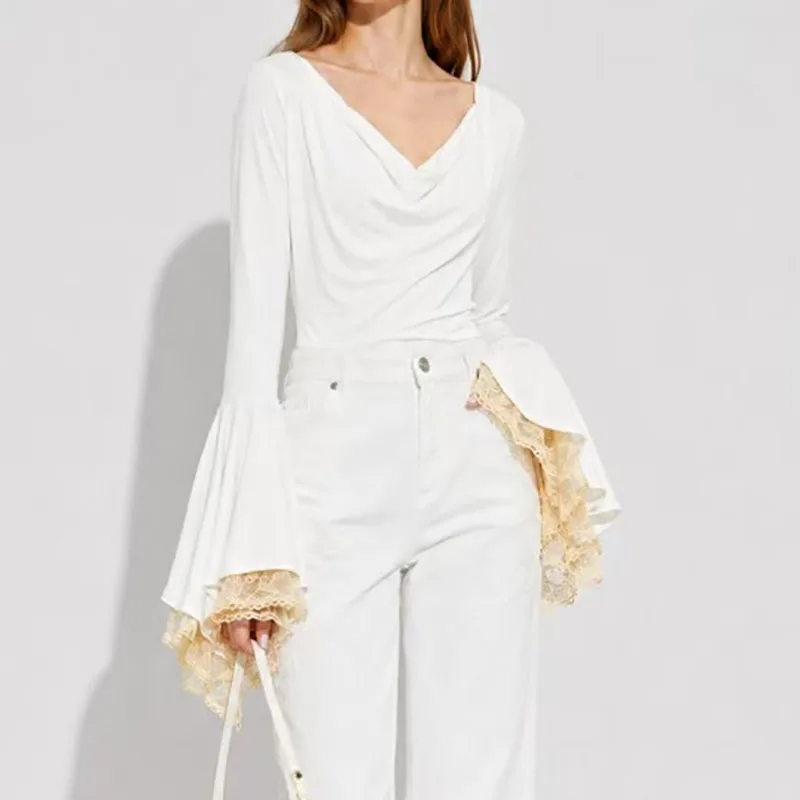 Draped collar lace trumpet sleeve one-piece dress - Women's stretch-fitting long-sleeved inner layer one-piece top