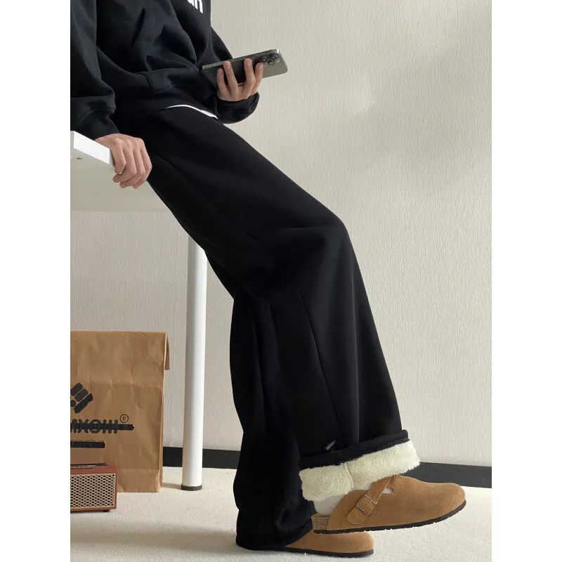 

Winter Thick Pants Men Warm Fashion Black Thicken Casual Pants Men Streetwear Loose Wide Leg Pants Mens Grey Trousers M-3XL