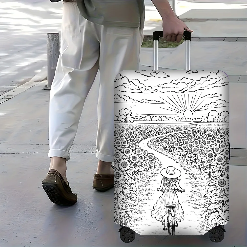 1PC Sunflower Field and Girl Bicycle Print Luggage Cover, Manual Doodle Color Available. Fits luggage from 18-32 inches; dust an