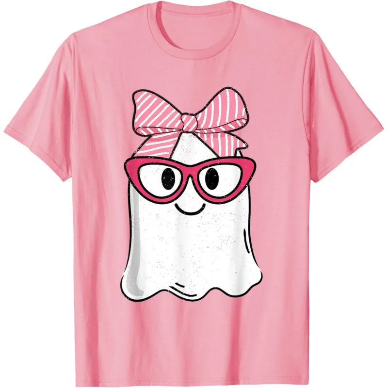 

2024 girls halloween cute ghost bow pink short sleeved t-shirt sweater top