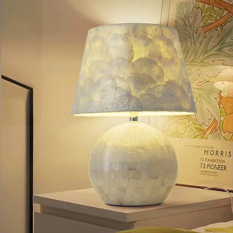 American Simple Natural Shell Ball Table Light with Fabric Lampshade for Living Room Home Decor E27 LED Bulb