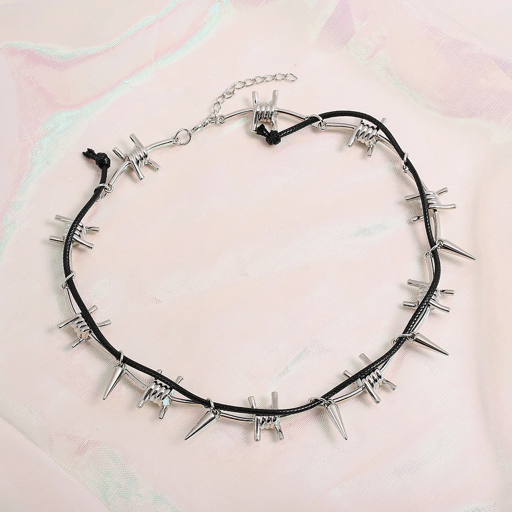 Punk Barbed Wire Thorn Spiked Choker Necklace Y2K Goth Neck Chain