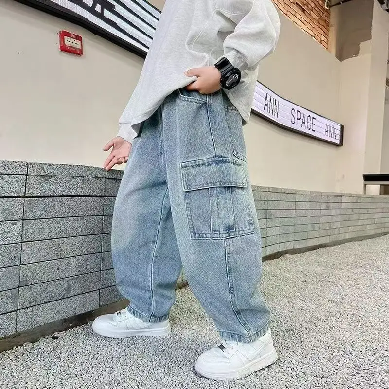 Boys Denim Jeans Spring Autumn New Cargo Straight Leg Pants Cool Dad Style Casual Trousers