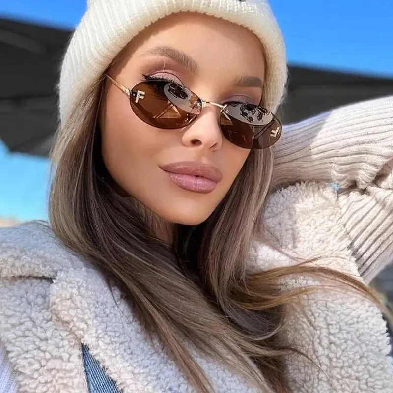 Luxury Brand Design Rimless Sunglasses Women Oval Retro Small Size Metal Suneyeglass Outdoors Casual Vacation Uv400 #300371