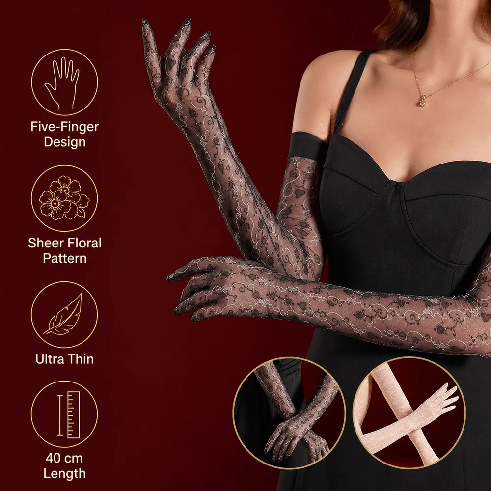 New Floral Five-Finger Glove Ultra Thin Elastic Sheer Gloves Sexy Oil Shiny Silky Smooth Stocking Glove Dance Performance
