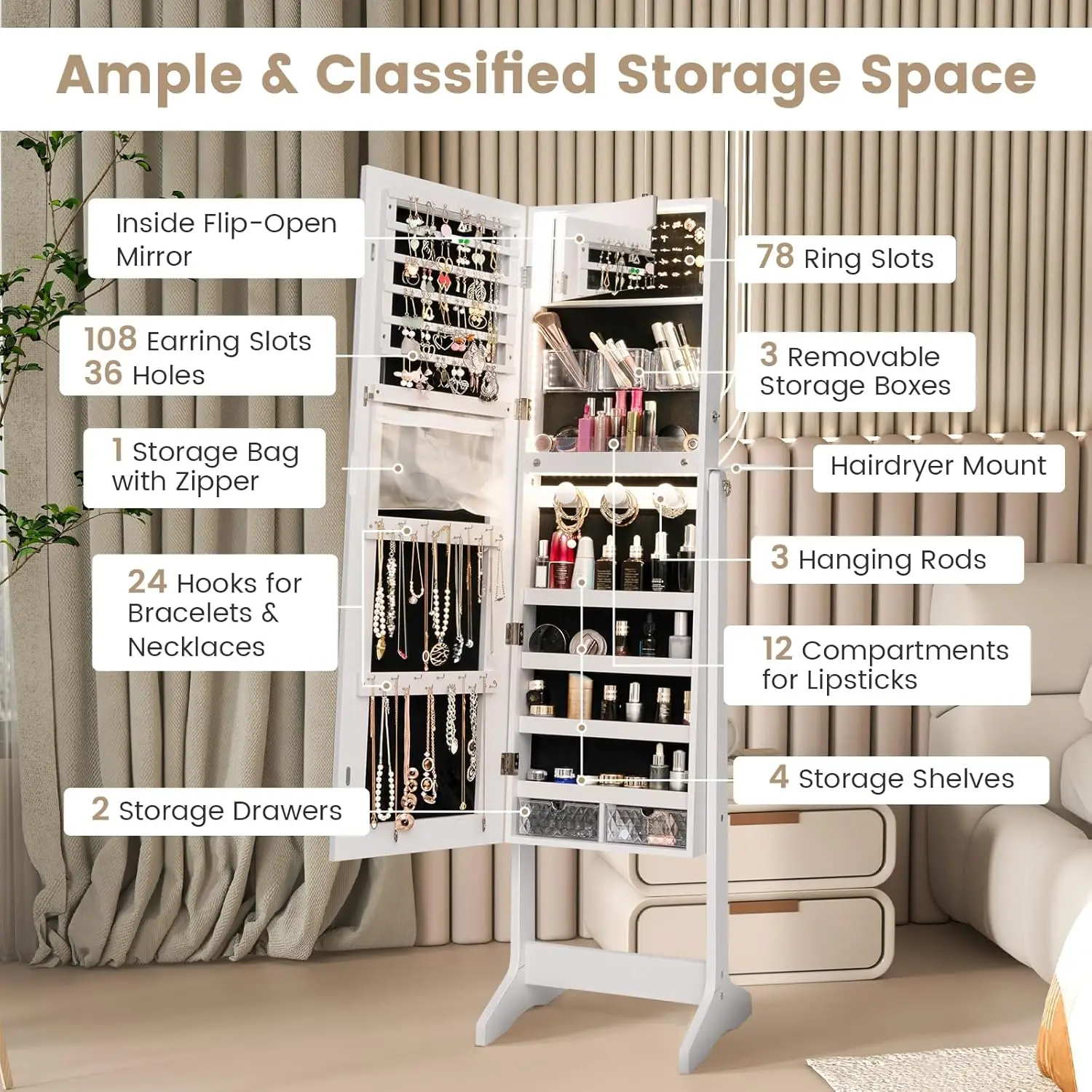 Jewelry armoire storage compartments showing ring slots and earring holes