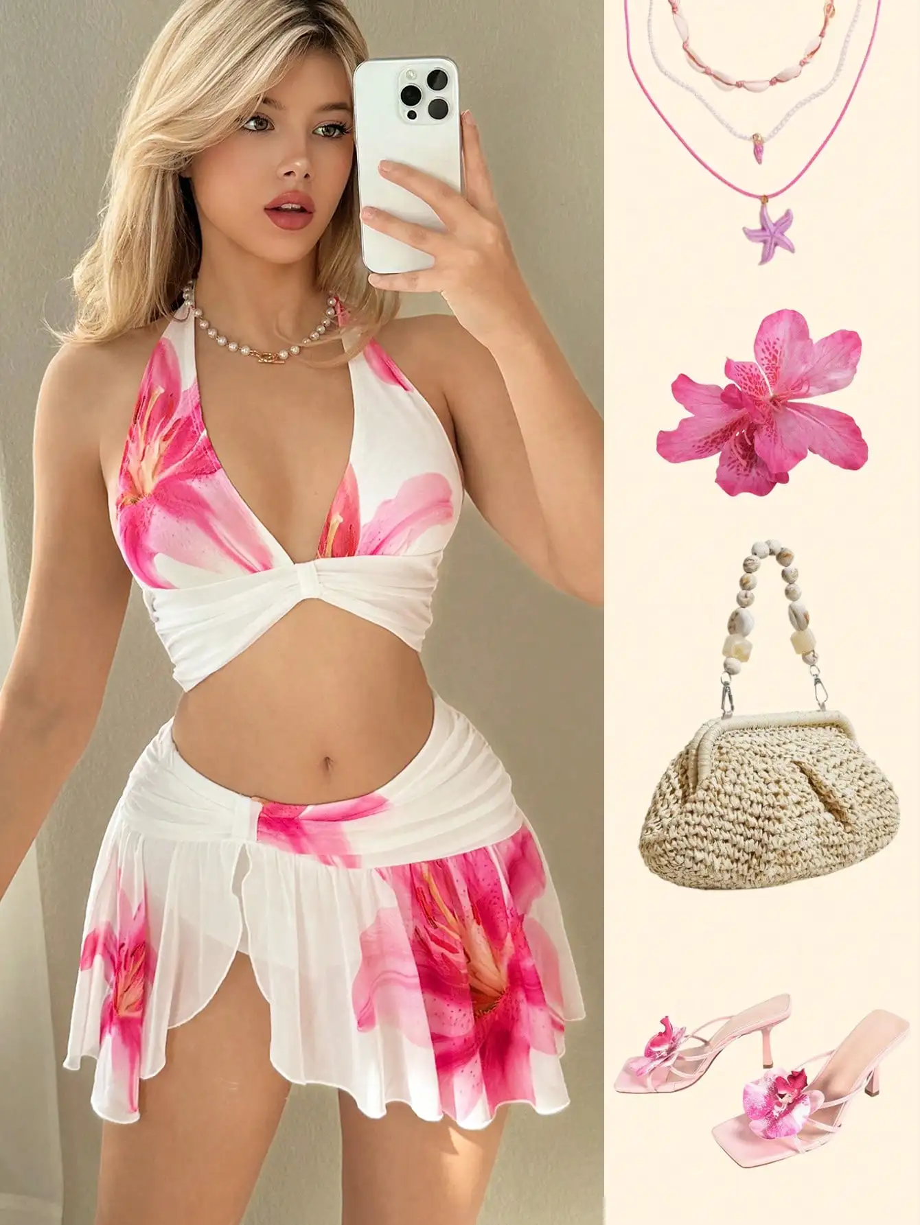 

Женский комплект из укороченного топа с цветочным принтом и мини-юбки, наряд для летнего отдыха