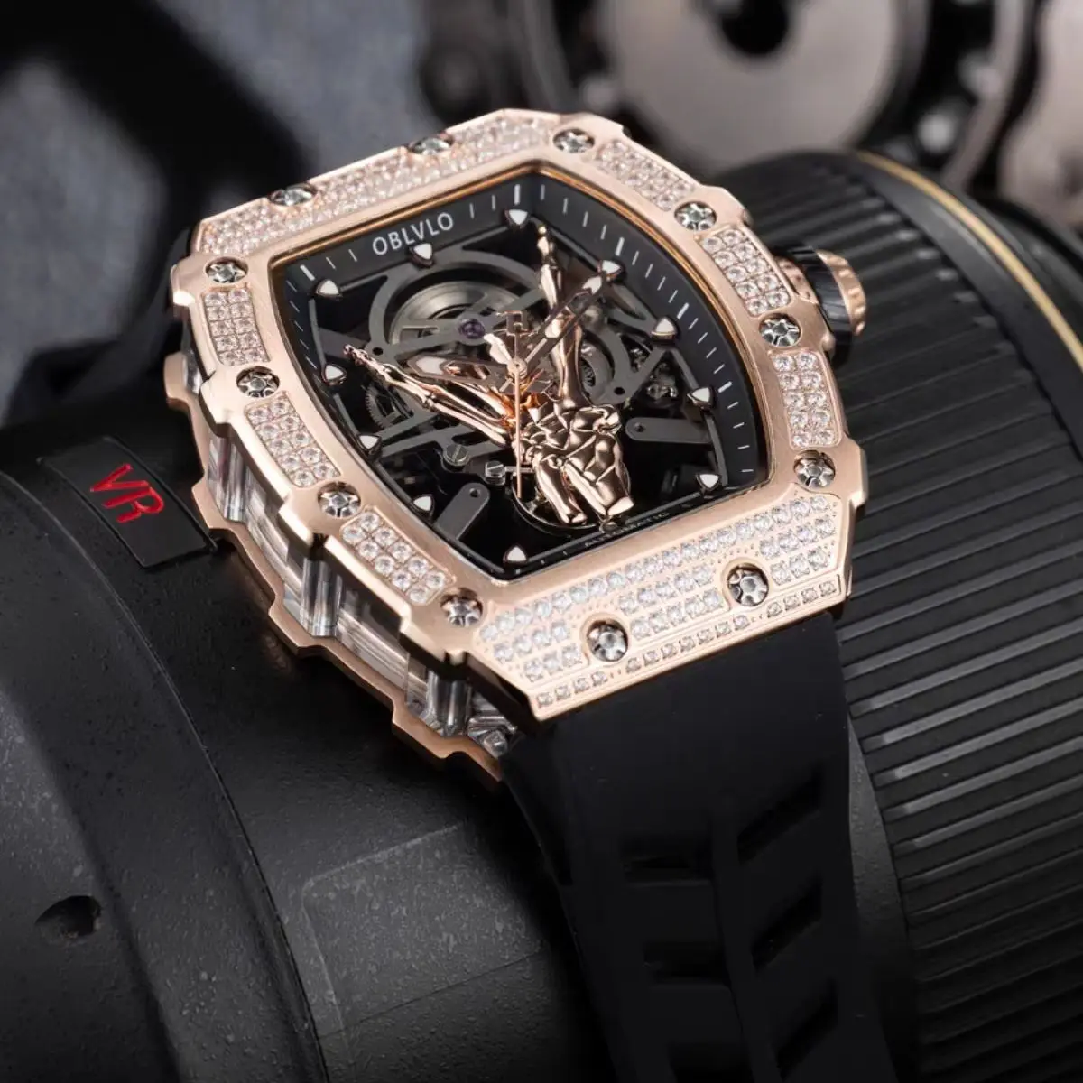 OBLVLO Men Automatic Watch 44mm Tonneau Mechanical Wristwatch Luminou Waterproof Sapphire Mirror Skeleton Finger Dial Miyota Mov