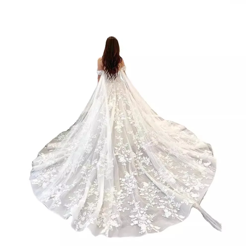 오프숄더 프렌치 라이트 웨딩드레스 신부 테일 심플 하이엔드 분위기 메인 레이스 메쉬