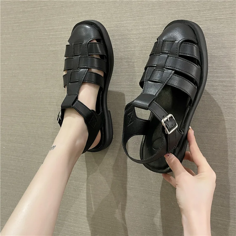 Women Summer Casual Soft Flat Sandals Leather Women Gladiator Sandals Slip on Ladies Thick Sole Beach Roman Zapatillas De Mujer