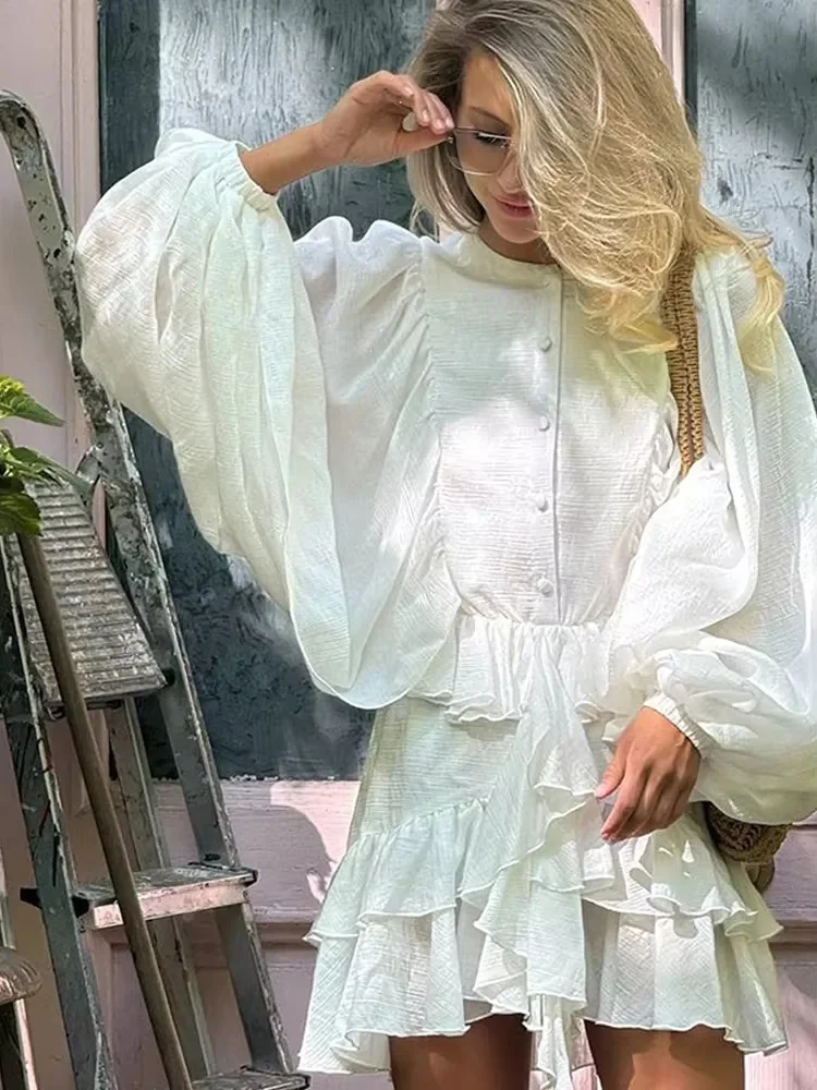 

Casual Loose Women's Solid Dress Lantern Long Sleeve Round Neck Single Breasted Layered Ruffle Robe 2025 Summer Lady Streetwear