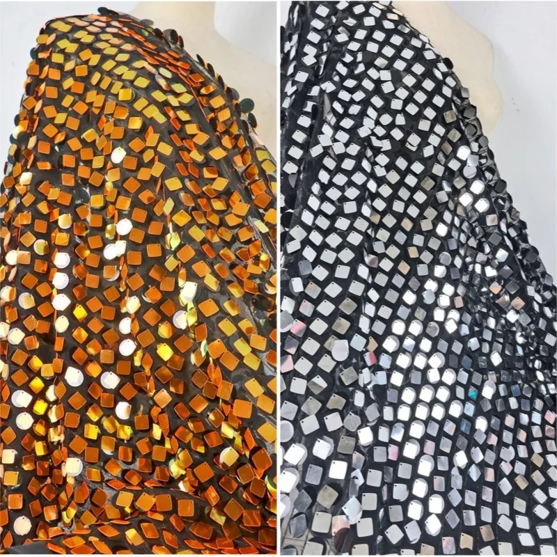 100x130cm Double Two Layered Stack Square Round Sequin Fabric Embroidery Mesh Cloth For Fashion Dress Sewing Background Decor