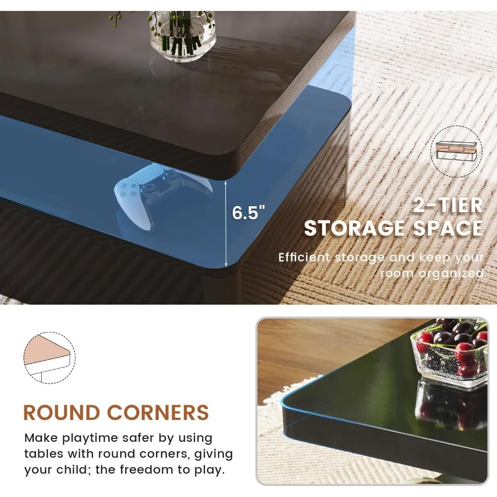 Mesa de centro moderna, mesas de centro de 40 polegadas com luzes LED de 16 cores, mesa central retangular de 2 camadas, grande espaço de armazenamento, H