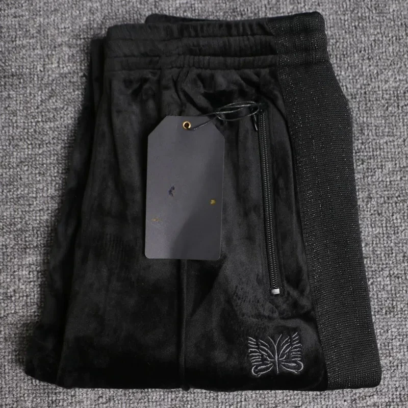 

2025 Butterfly Embroidery AWGE Black Velvet Pants Best Quality White Drawstring Sweatpants Casual Winter Striped Trousers