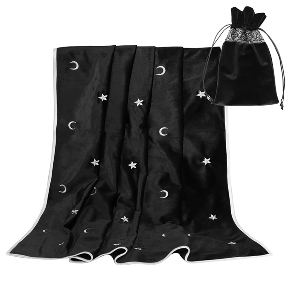Toalha de mesa de tarô de altar, toalha de mesa de adivinhação de tarô de veludo com cartas de tarô, bolsa de jogo, toalha de mesa bordada de estrelas preta