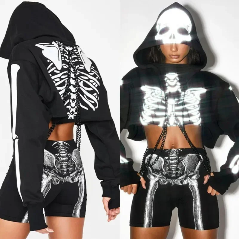 

Halloween Punk Y2K Hip Hop Skull Hoodies Outerwear Reflective Short Printed Hoodie Women Autumn Winter Couple Hoodie Top New