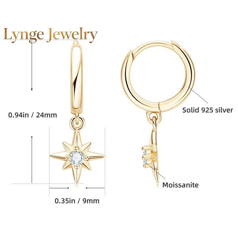 

Lynge Jewelry Trend New Hoops Earrings for Women 2.5mm Moissanite Star Starburst North-Star Real 925 Silver Charm Drop Earring V
