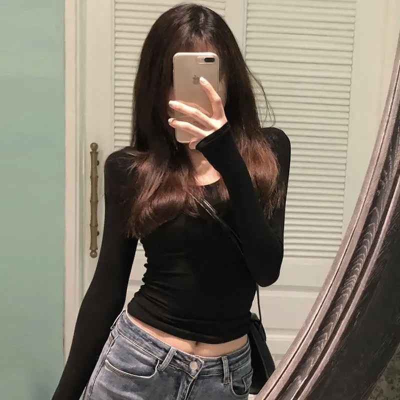 

Long Sleeve Slim Simplicity Korean Pullovers Top Spring Autumn O-neck All-match Youth Fashion T Shirts Sexy Trend Women Clothing