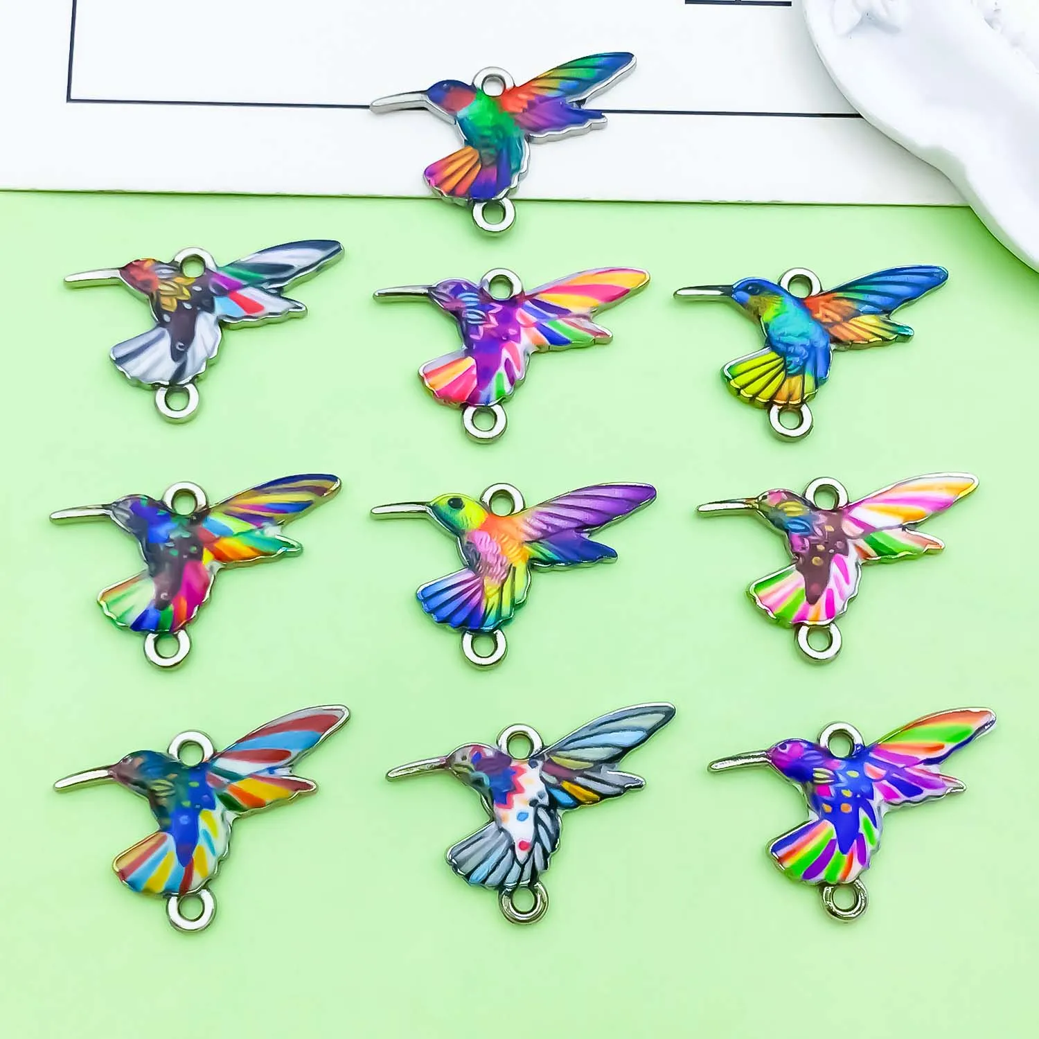 10pcs 16x25mm Colorful Printed Hummingbird Charms Connectors Bird Animal Pendants for DIY Jewelry Making Accessories