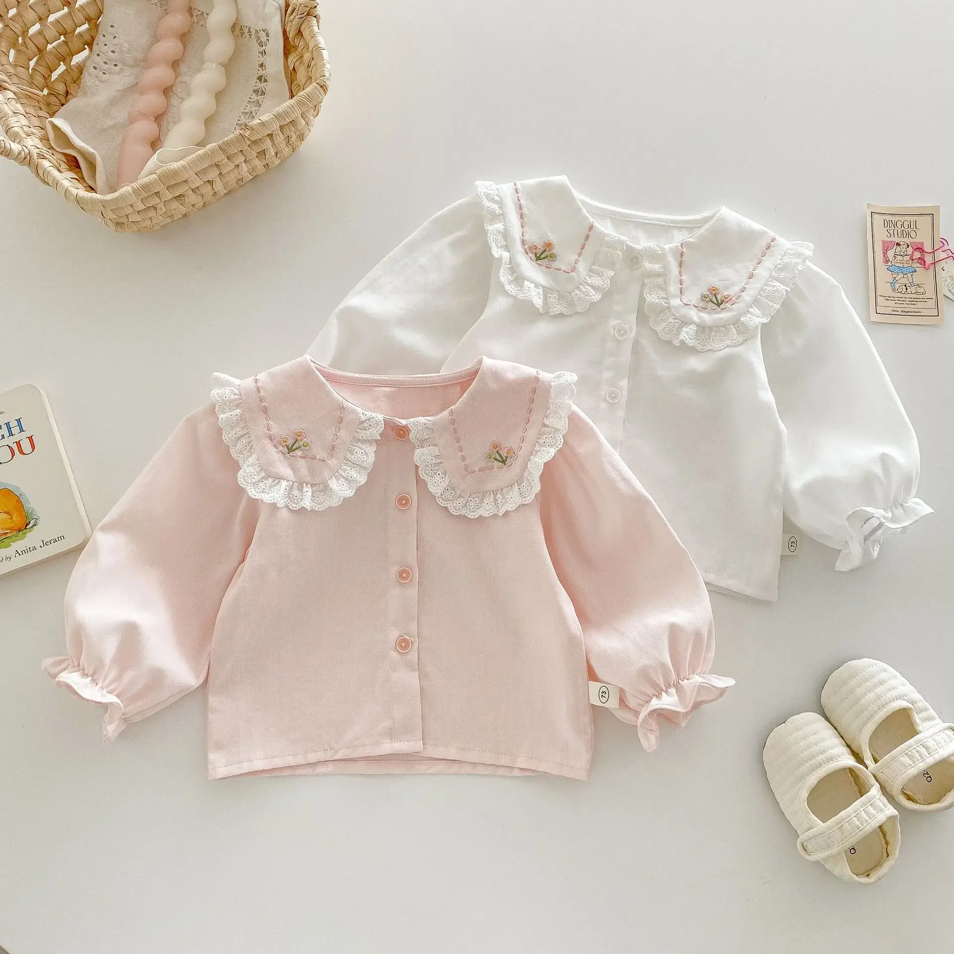 Spring Baby Girls Lace Blouses Kids White Pink Shirts 2025 Autumn Doll Collar Tops Children's Embroidery Clothing Korean Style