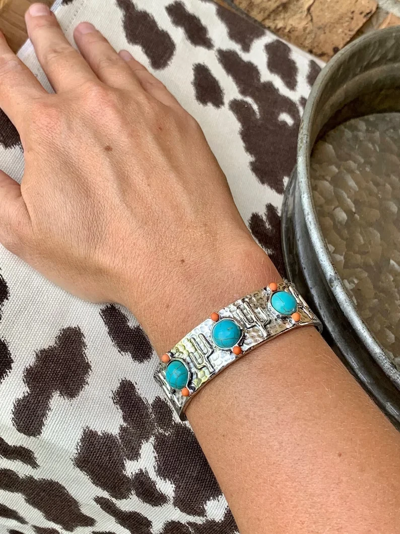 Boho Creative cactus Turquoise opening adjustable wide-face bracelet Retro fashion women's bracelet jewelry gift for her gift