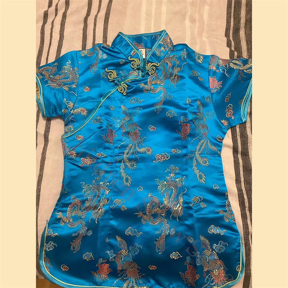 Meerblauwe Tang Kleding Dame Slank Qipao Tops Vintage Mandarijn Kraag Shirt Chinese Stijl Kostuum Oversized Blouse Satijnen Kleding