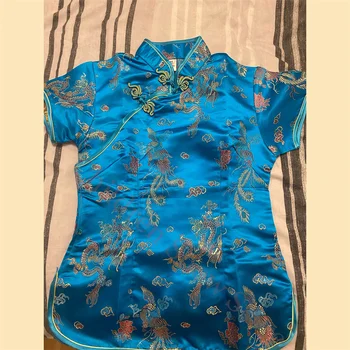 Jezioro niebieskie ubrania Tang Lady Slim topy Qipao Vintage stójka koszula w stylu chińskim kostium bluzka oversize satynowa odzież