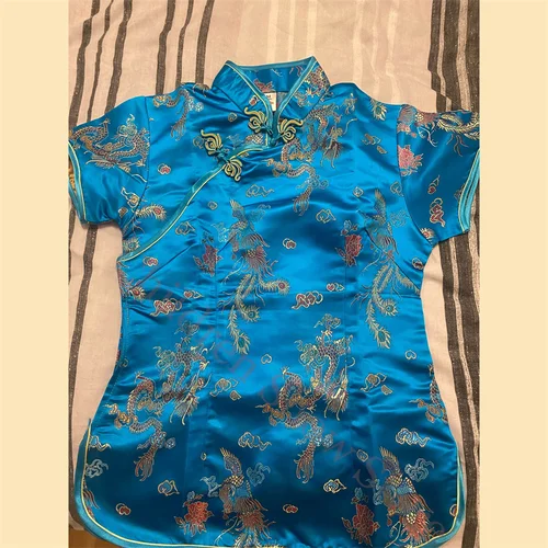Ropa Tang azul lago para mujer, Tops Qipao ajustados, camisa Vintage con cuello mandarín, disfraz de estilo chino, blusa de gran tamaño, ropa de satén