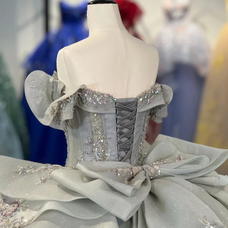 Grayish Green Shiny Quinceanera Dresses Off The Shoulder Sequin Applique Lace Beading Crystal Tull Corset Party Birthday Sweet