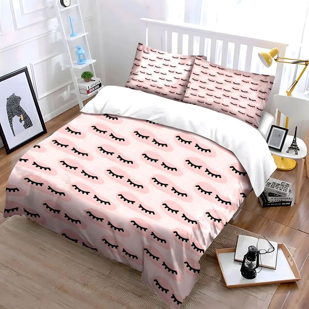 Pink background with repeated closed eyes Duvet Cover Set with 3D Printing Design Soft Polyester Bedding Set All-Season Comfort