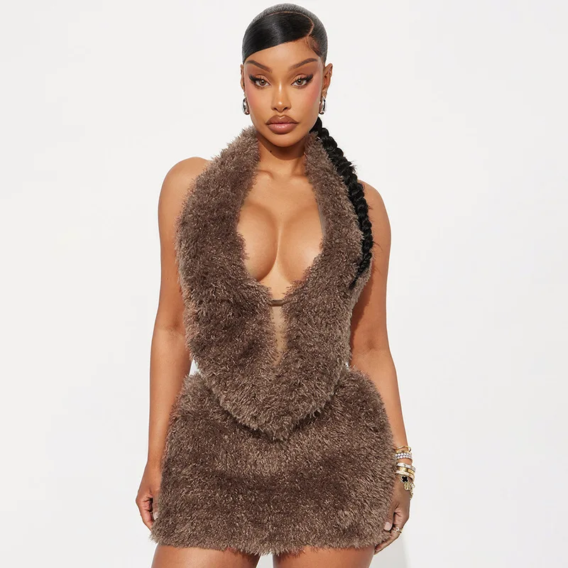 

Fur Crop Tops Dress Two Piece Sets 2025 Women Luxury Clothes Sexy Party Dress Elegant 2 Piece Sets Woman Outfit Winter Fall