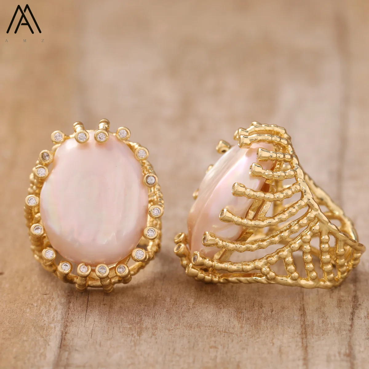 Verlobungsring mit natürlicher Perle, vergoldet, verstellbarer Ring, modisches Zirkonia-Set, exquisiter Schmuck, Geschenk, romantischer Damenring – Detail 4