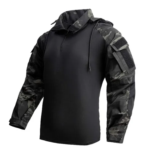 Imagen 2 del producto Camisa de combate de manga larga para hombre, camisas tácticas Ripstop con cremallera 1/4, camisetas de camuflaje Airsoft con capucha, ropa de senderismo y caza, jersey