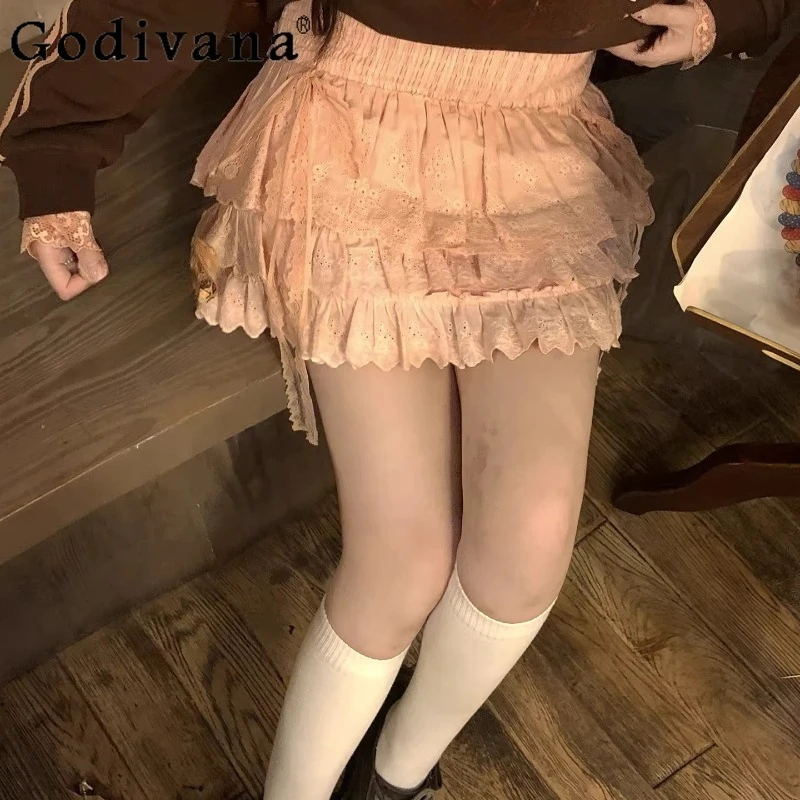 

Spring Summer New Fashion Korean Sweet Ballet Bow Cake Short Skirt Cute Female Versatile Age-reducing High Waist Lace-up Skirts