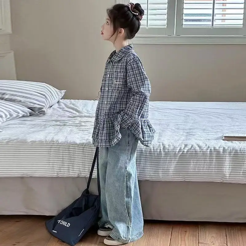 4-15 سنة الربيع والخريف الفتيات موضة منقوشة قميص 2026 النسخة الكورية الجديدة للأطفال عادية فضفاض كم طويل 110-170 سنتيمتر