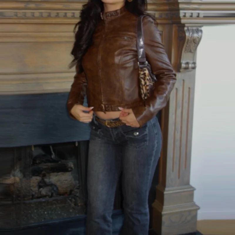 Damesmode kunstleer chocoladebruine jas retro lange mouw opstaande kraag korte jas Y2k streetwear moto biker jassen