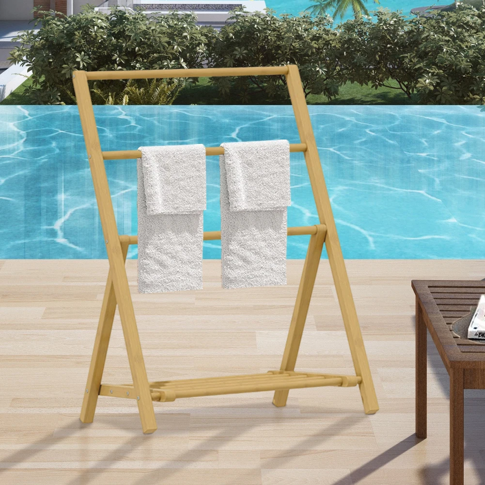 

Бамбуковая напольная вешалка для полотенец с полкой для хранения, отдельно стоящая деревянная вешалка-стойка для одеял, для душа, ванны, бассейна