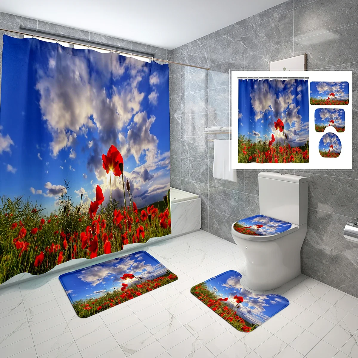 

4 Pcs Poppy Flower Shower Curtain Sets with Non-Slip Rugs Mat Toilet Lid Nature Red Blossom Plant Waterproof Shower Curtain Set