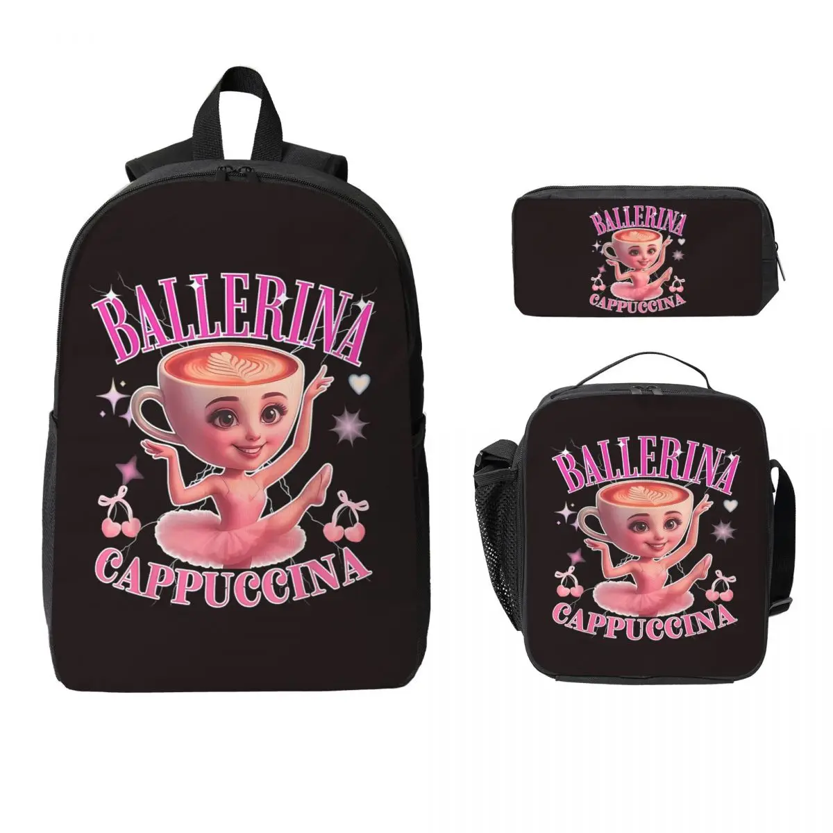 Cappuccino Ballerina Italian Brainrot Backpack BookBag School Bag Computer Shoulder Bags 3ps Insulated Lunch Bag Pencil Case