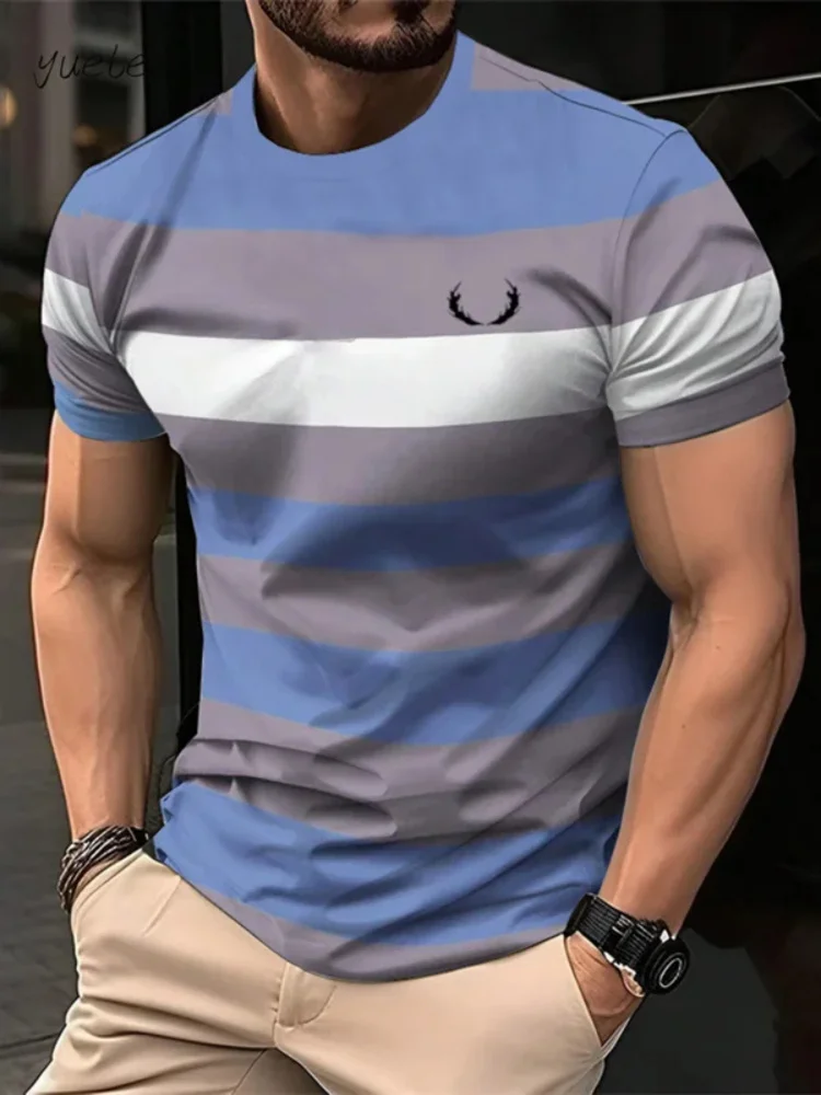 Fashionable striped printed men's T-shirts, summer breathable men's clothing, casual loose tops, multi-functional O-neck men's t