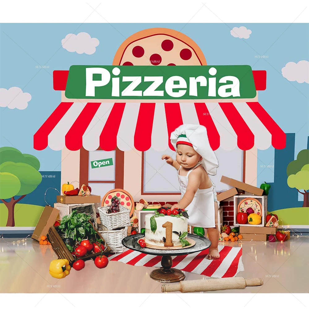 Pyszne przyjęcie z pizzą tło baner imprezowy Pizzeria sklep jedzenie warzywa szef kuchni Baby Shower fotografia tło Studio fotograficzne