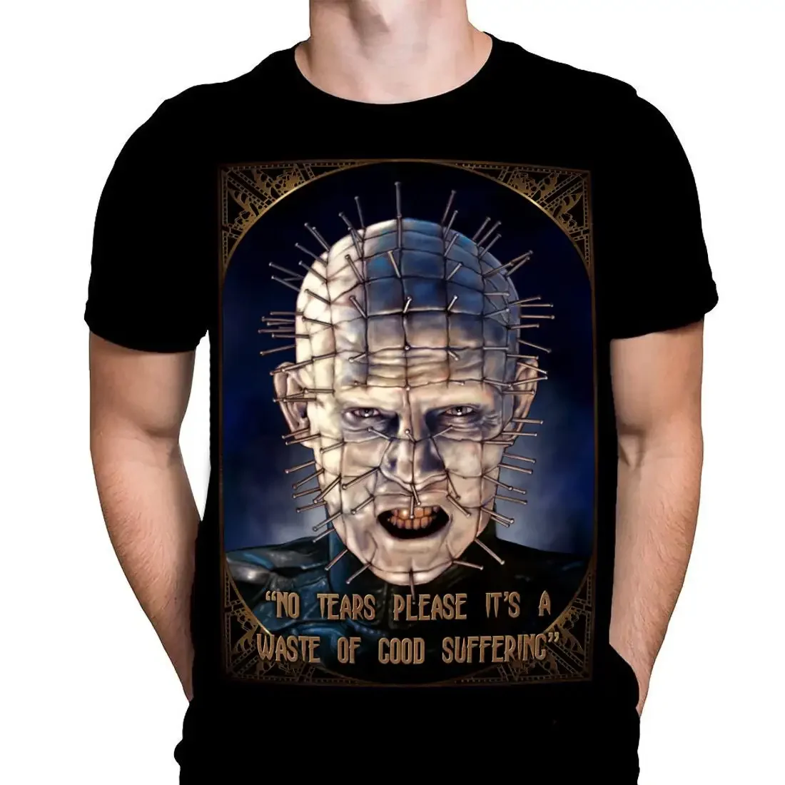 Movie Art Hellraiser Good Suffering by Peter Panyis Black Cotton Mens T Shirt with Oversized Horror Image Demon Blood Scary