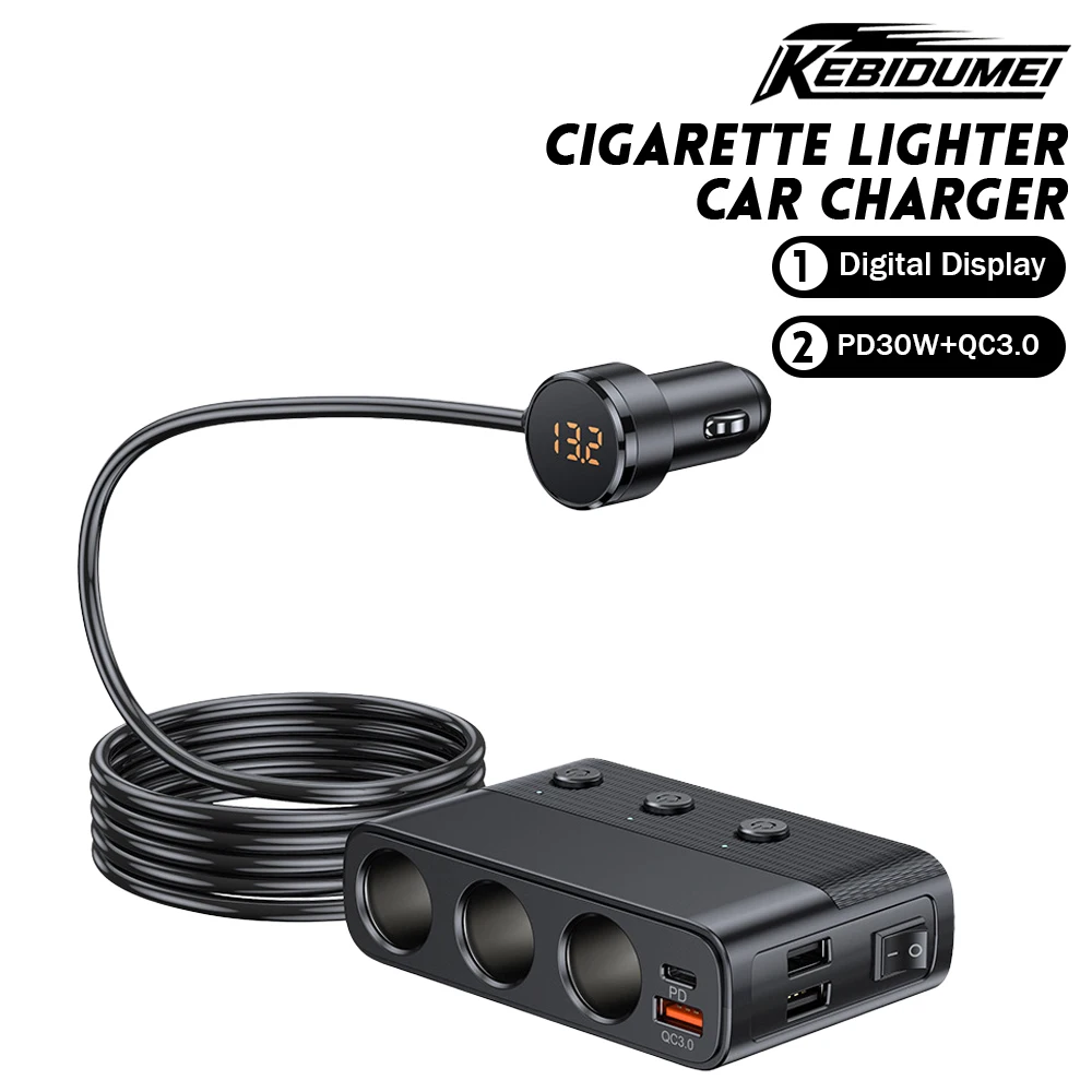 KEBIDUMEI C28 Car Cigarette Lighter Splitter QC3.0+PD30W Auto Fast Charger 12V-24V Adapter Digital LED Display Car Accessories