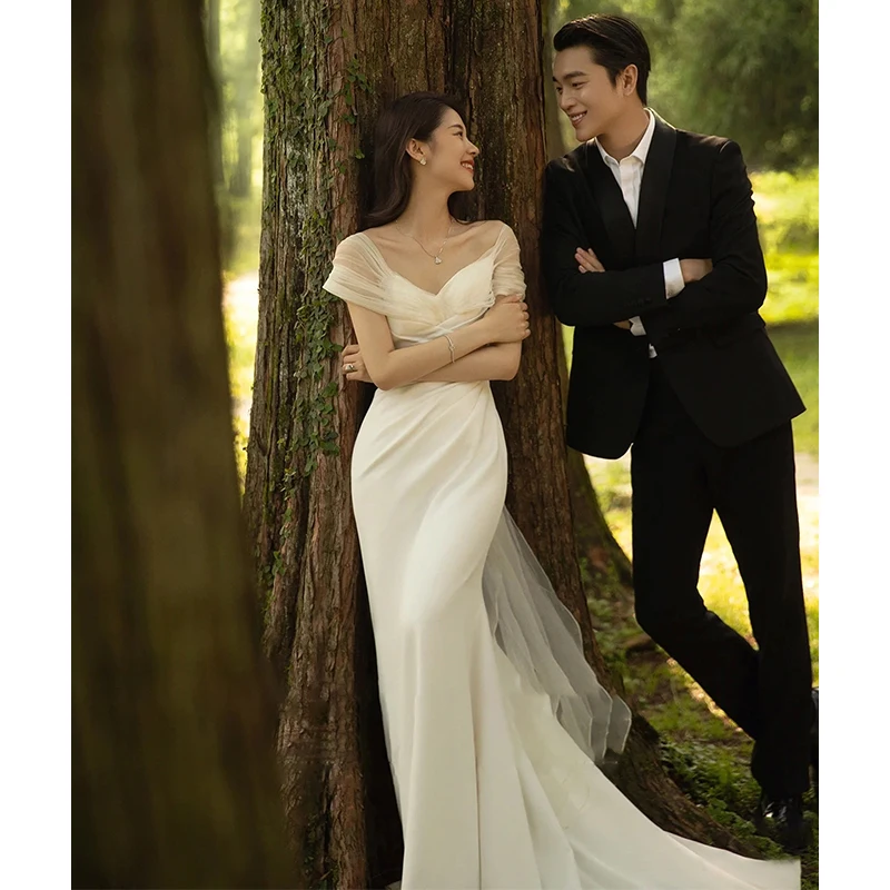 

Korean Sle Light Wedding Dr Satin One oulder Simple Ele Bridal Gown Outdoor Wedding Welcome Guest Bride Entrance