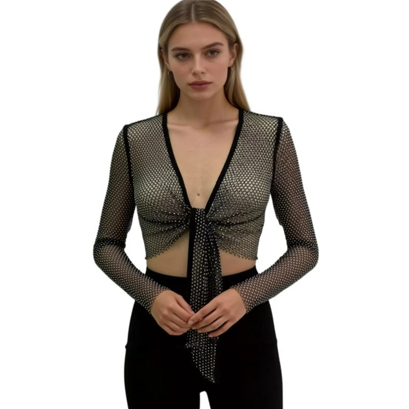 Glänzender Strass-Strandanzug für Damen, sexy, ausgeschnittene Bikini-Sets, Damen-Badeanzug, langärmliges, gebundenes Crop-Top, Netz-Bademode, Biquini – Detail 1