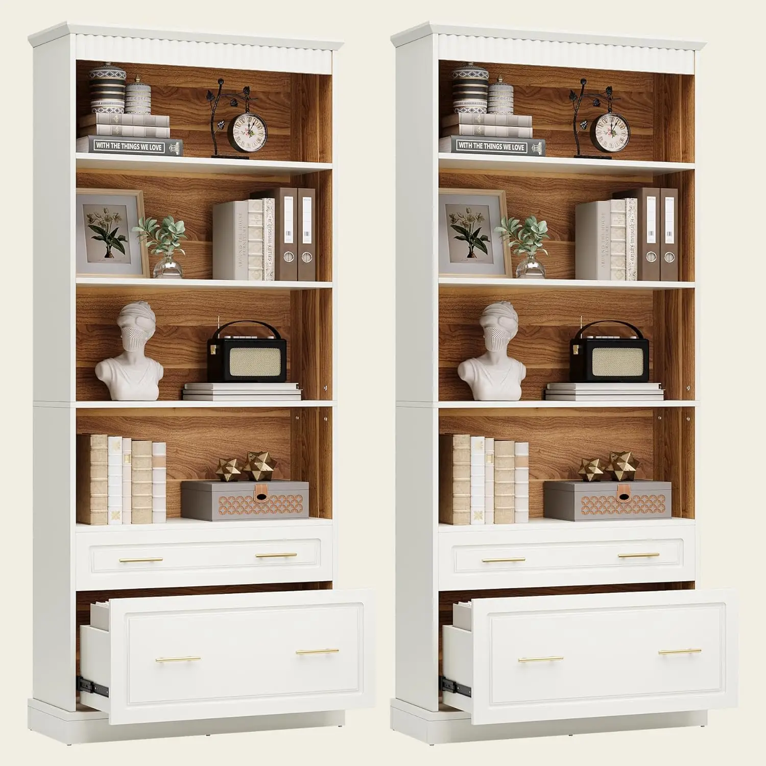 

5-Shelf Bookcase File Drawer 72in Tall Free-Standing Wood Storage Shelf Living Room 2pcs White,Customized