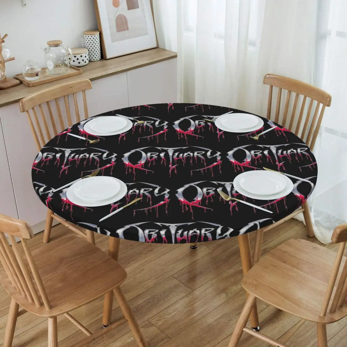Obituary Death Metal Rock Band Music Waterproof Round Tablecloth Oilproof Table Cloth for Kitchen Events Dining Table Cover