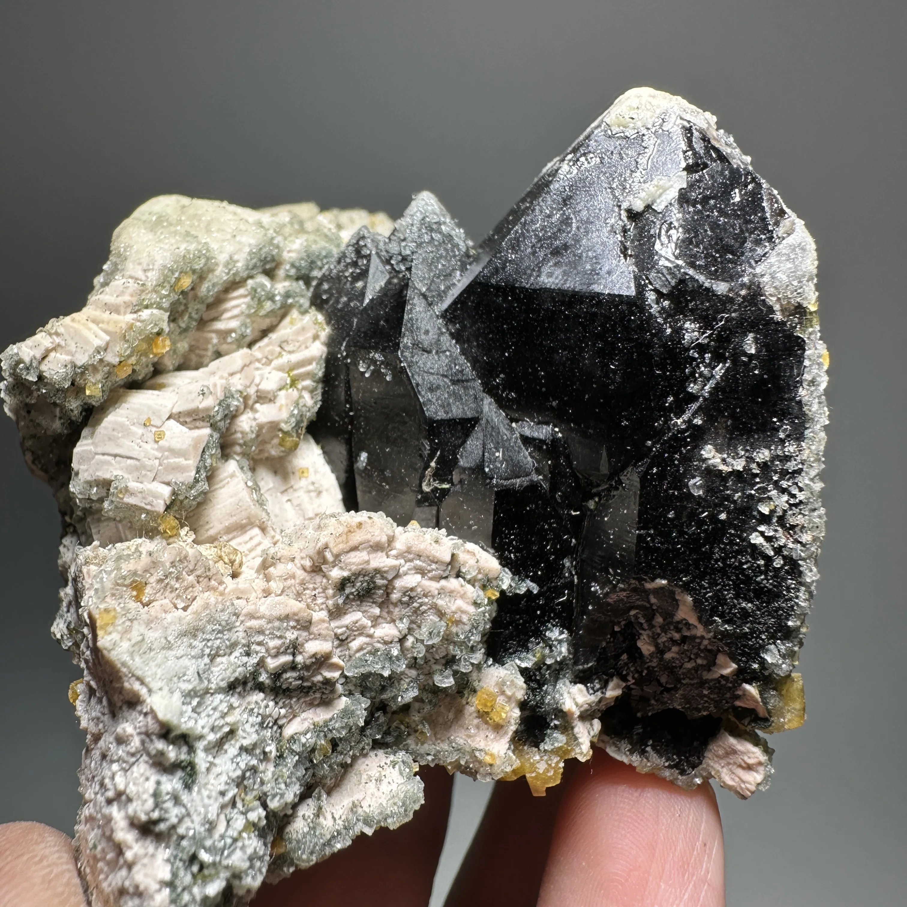 Rare Natural Black Smoky Quartz Crystal Cluster Feldspar Yellow Fluorite Rough Mineral Specimen Raw Healing Energy Stone