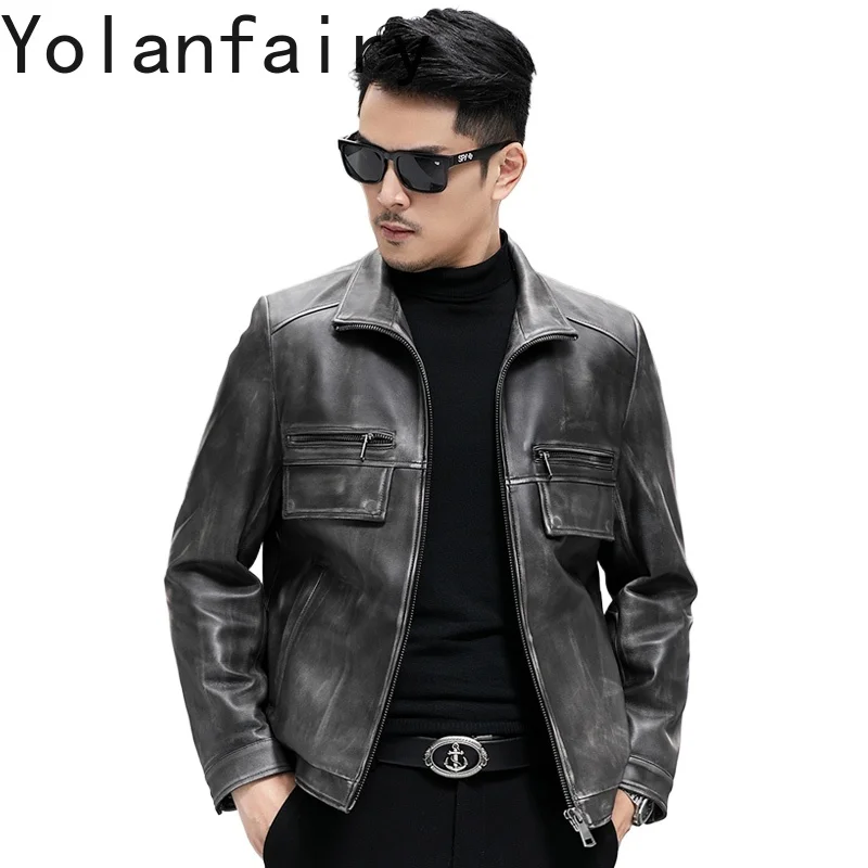 

YOLANFAIRY куртки из натуральной овчины, мужские осенне-зимние короткие корейские модные мотоциклетные куртки, мужское тонкое кожаное пальто 2025